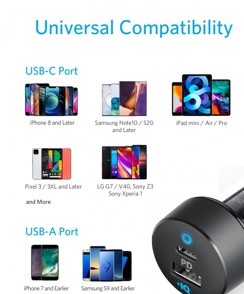 شاحن سيارة انكر باوردرايف كلاسيك 35 واط بمنفذ USB ومنفذ تايب سي - اسود