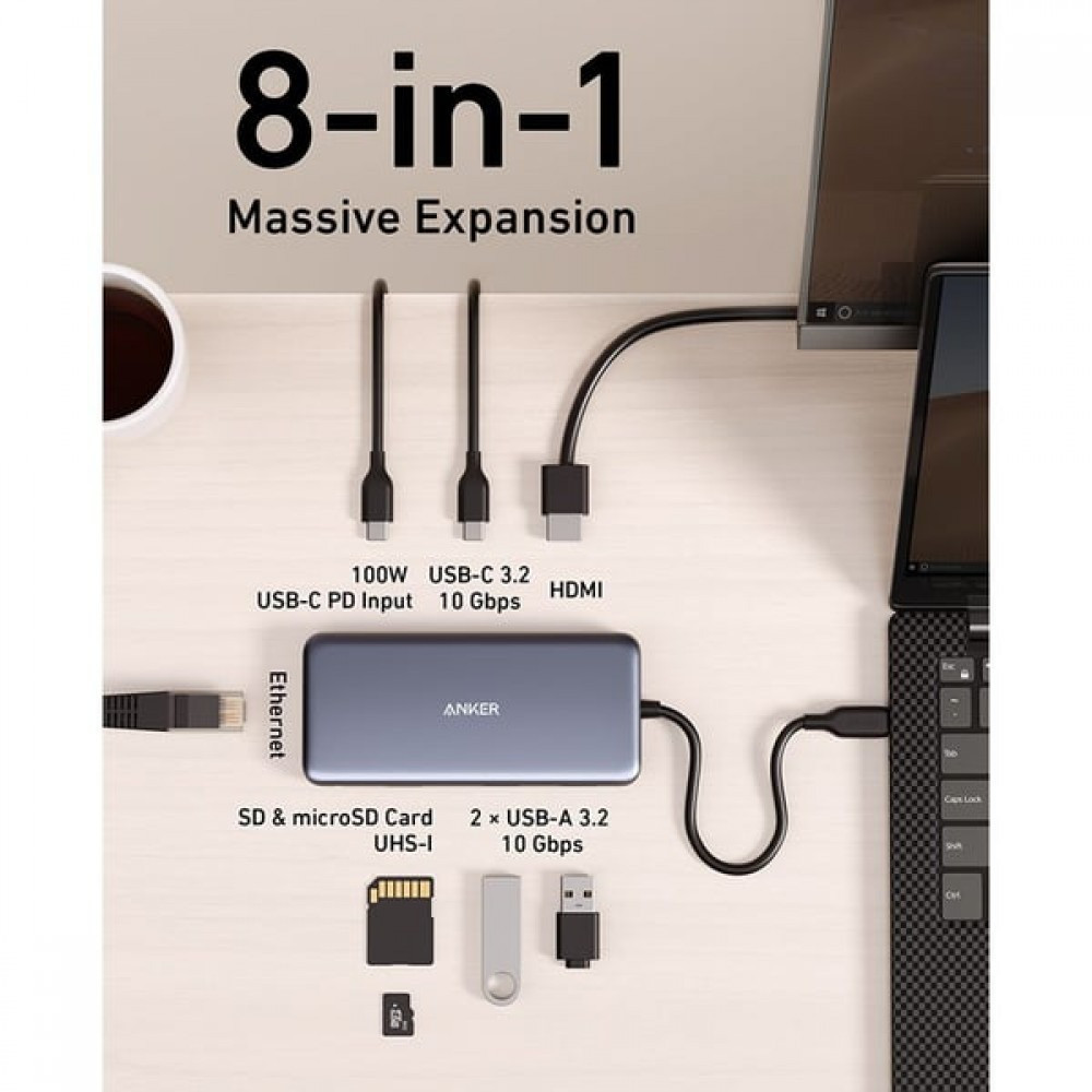 موزع متعدد المنافذ  8في 1 انكر منفذين USB-A ومنفذين USB-C , منفذ HDMI , منفذ SD , منفذ Micro SD , منفذ Ethernet - رمادي