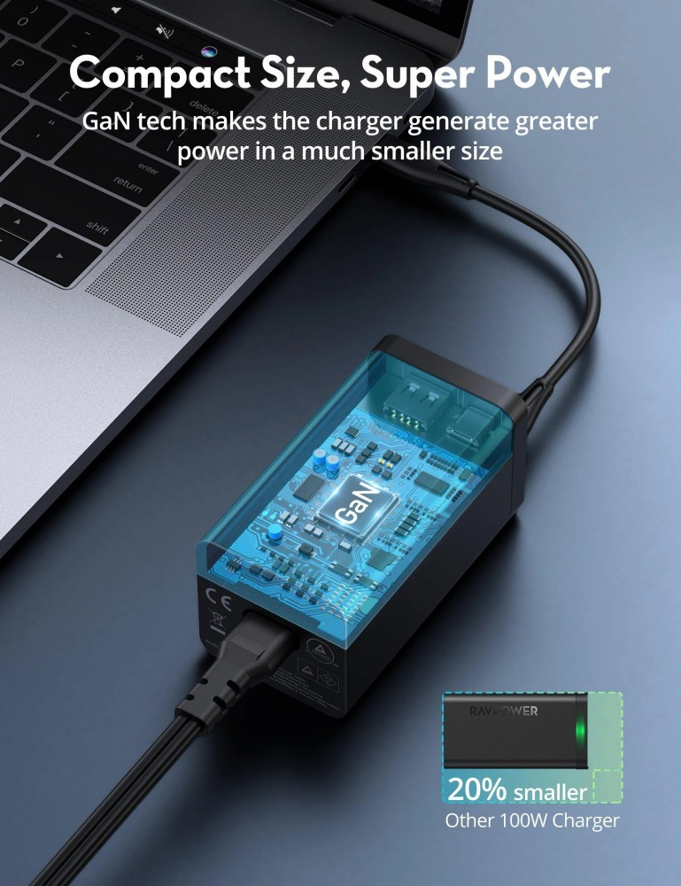 منصة شحن راف باور بقوة 120 واط بمنفذين USB ومنفذين تايب سي مع كيبل تايب سي تايب سي