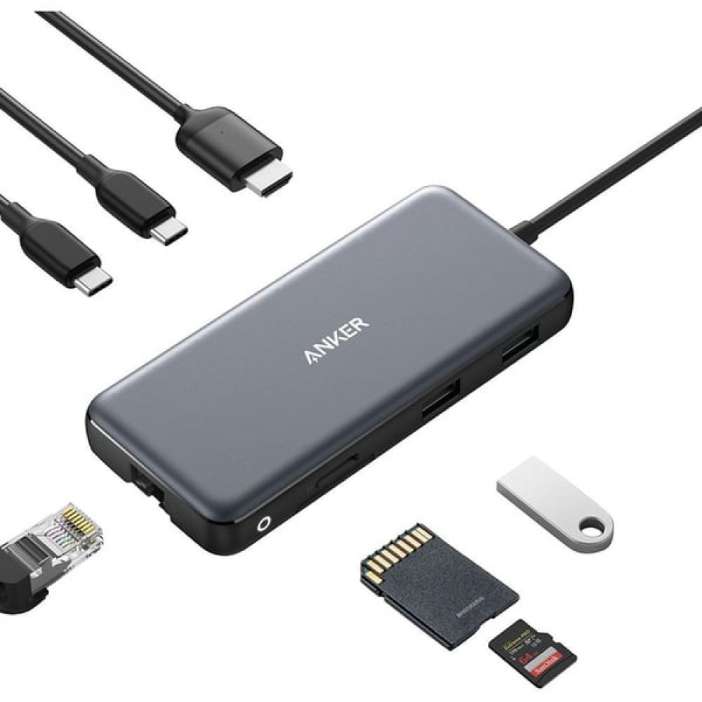 موزع متعدد المنافذ  8في 1 انكر منفذين USB-A ومنفذين USB-C , منفذ HDMI , منفذ SD , منفذ Micro SD , منفذ Ethernet - رمادي