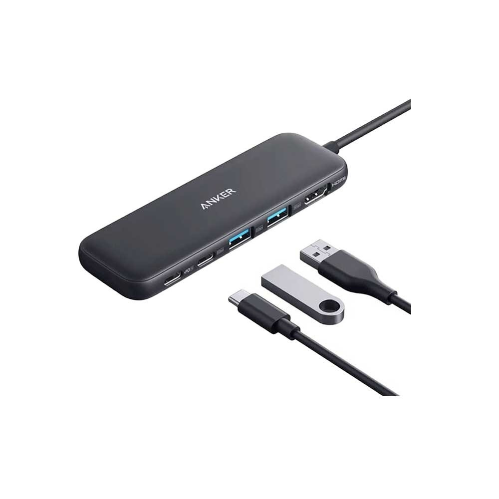 موزع متعدد المنافذ أنكر 5 في 1 منفذين USB-A , منفذ USB-C , منفذ HDMI , منفذ PD IN - رمادي