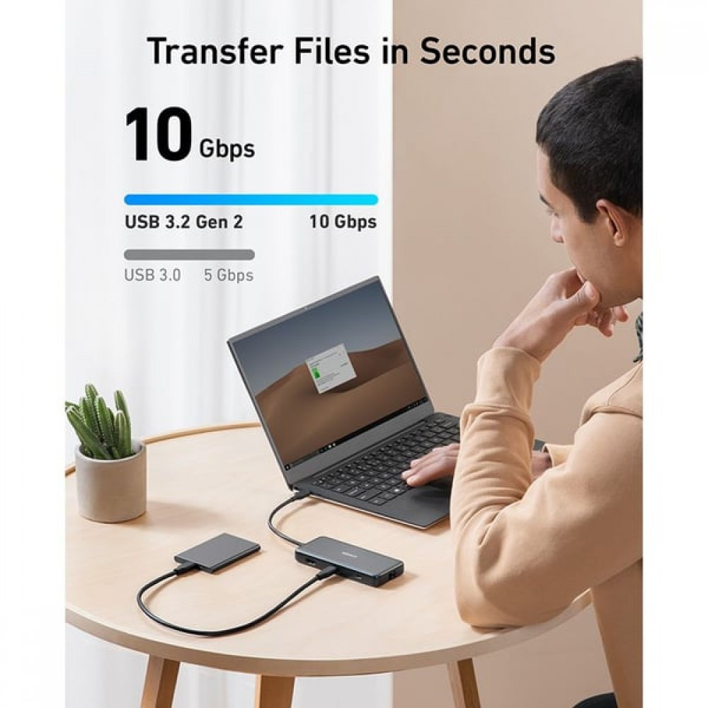 موزع متعدد المنافذ  8في 1 انكر منفذين USB-A ومنفذين USB-C , منفذ HDMI , منفذ SD , منفذ Micro SD , منفذ Ethernet - رمادي