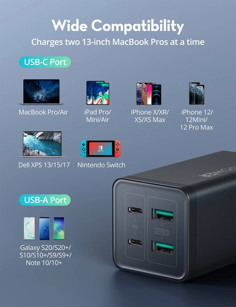منصة شحن راف باور بقوة 120 واط بمنفذين USB ومنفذين تايب سي مع كيبل تايب سي تايب سي