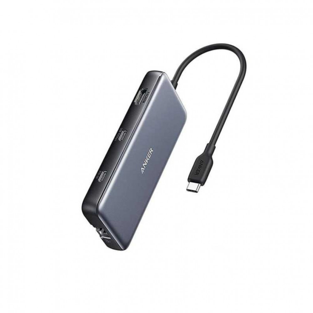 موزع متعدد المنافذ  8في 1 انكر منفذين USB-A ومنفذين USB-C , منفذ HDMI , منفذ SD , منفذ Micro SD , منفذ Ethernet - رمادي